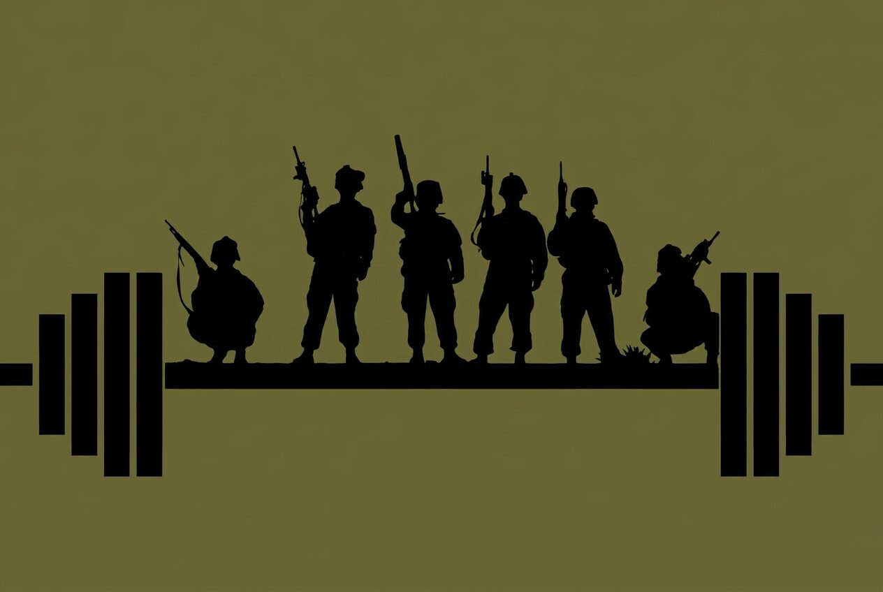 Silhouettes of service members standing on a barbell — military strength training